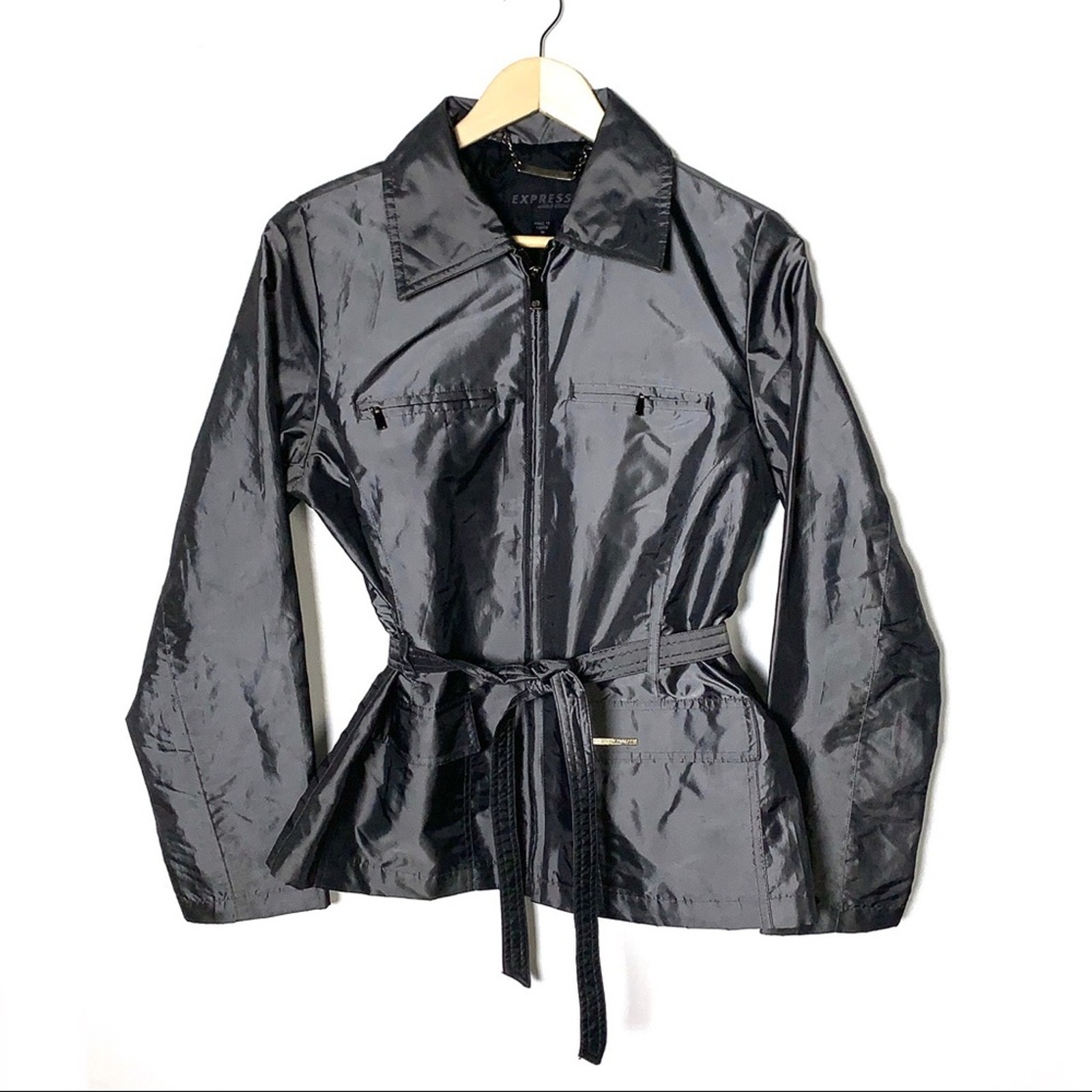 Express Gray Shiny Lightweight Belted Jacket Size Small S B98
